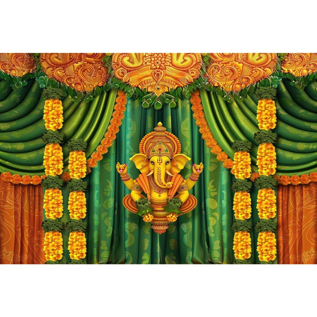 อินเดียฉากหลังแบบดั้งเดิมสีเขียว Leaf พื้นหลังการถ่ายภาพ Diwali Puja Ganpati Pouja Mehndi ตกแต่งงานแ