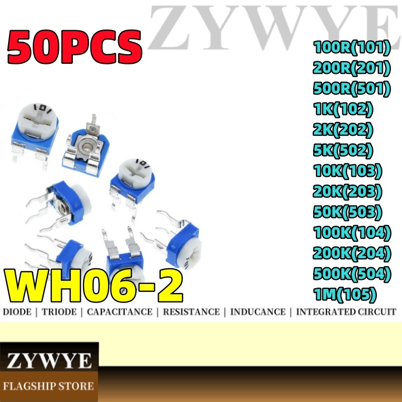 50PCS แนวนอน 103 104 WH06-2 RM065 101 102 105 201 202 203 204 501 ปรับค่าตัวต้านทาน 2/5/10/20/100K