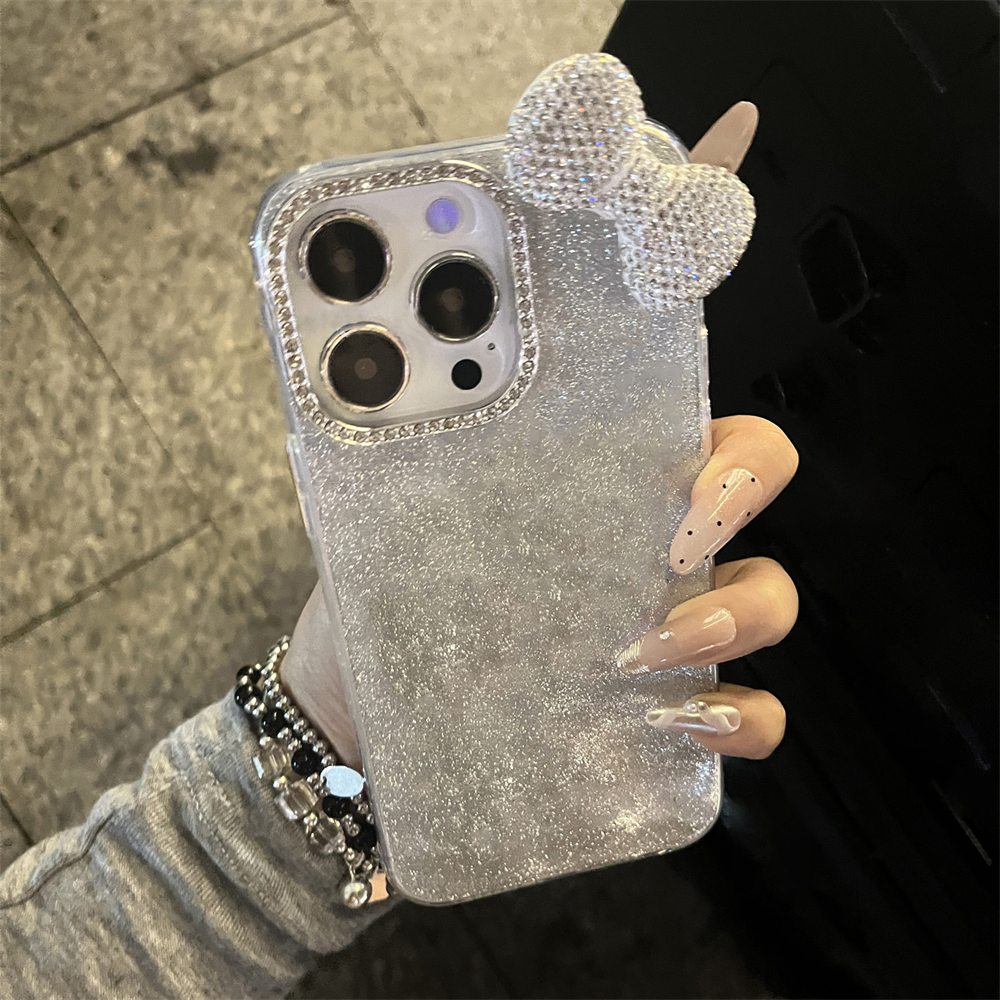 หรูหรา 3D แฟลชเพชรโบว์ Glitter เคสโทรศัพท์สําหรับ iPhone 15 13 14 12 16 Pro Max 11 Silver Blingbling กันกระแทกปกหลัง