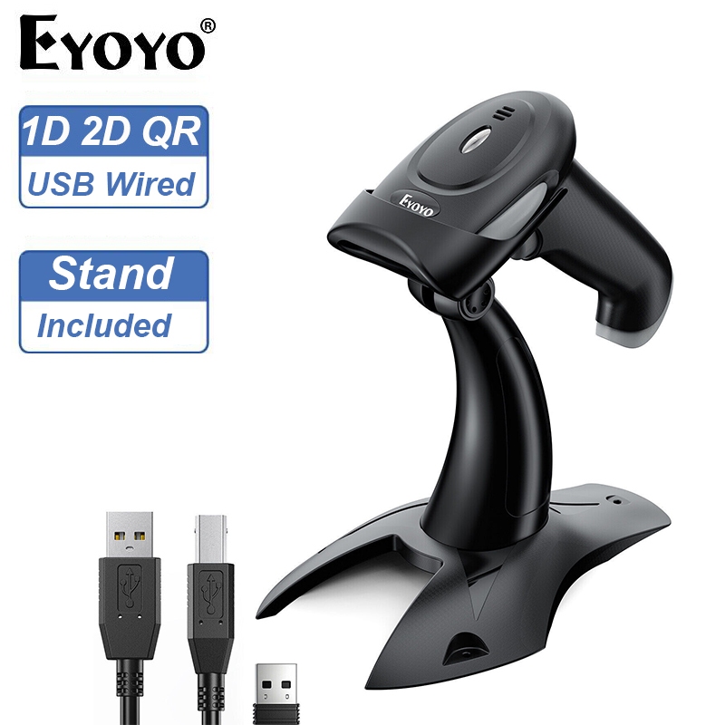 Eyoyo เครื่องสแกนบาร์โค้ดไร้สาย 1D 2D แบบใช้มือถือพร้อมขาตั้งเครื่องอ่านสแกนรหัส QR แบบมีสาย USB สํา