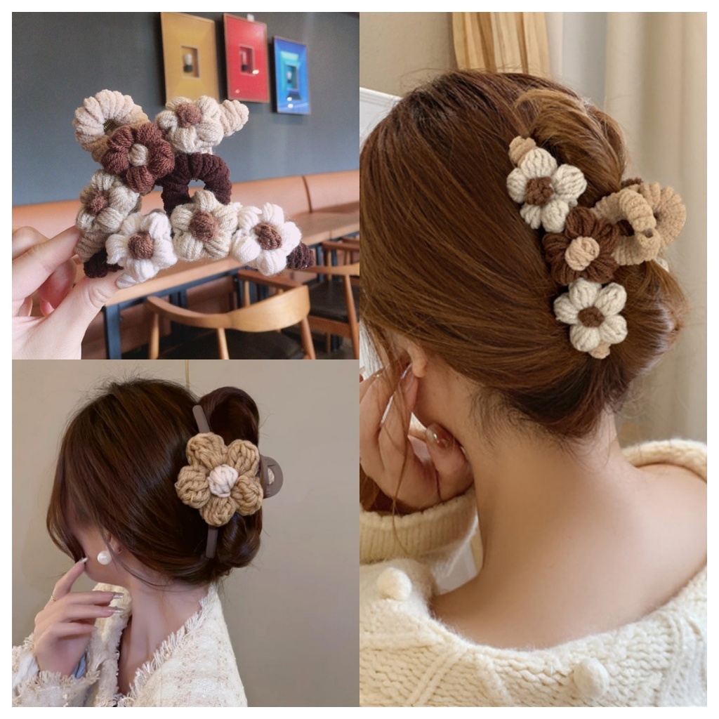 กริปเปอร์เส้นด้ายดอกไม้ที่สวยงามทอมือสําหรับฤดูใบไม้ร่วงและฤดูหนาวผู้หญิงขนกิ๊บติดผมตุ๊กตาขนาดใหญ่