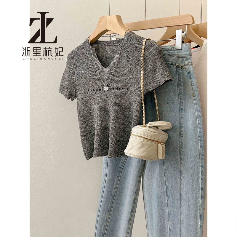 ZHELIHANGFEI คอวีริบบิ้นถักผู้หญิงด้านหน้าไหล่แขนสั้นเสื้อยืดสั้น ซอก ออกแบบ สูงสุด - รูปที่ 3