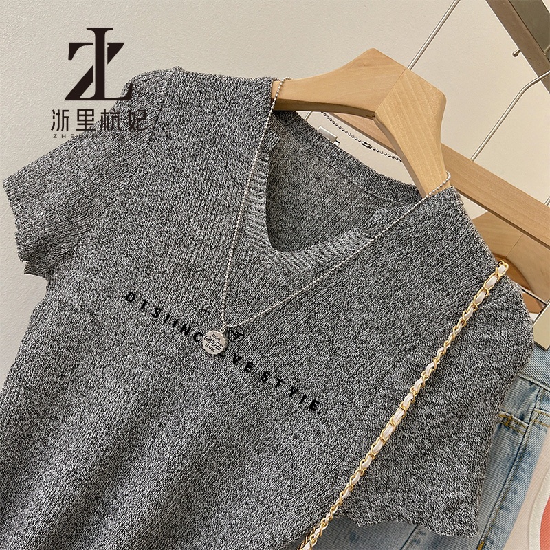 ZHELIHANGFEI คอวีริบบิ้นถักผู้หญิงด้านหน้าไหล่แขนสั้นเสื้อยืดสั้น ซอก ออกแบบ สูงสุด - รูปที่ 2