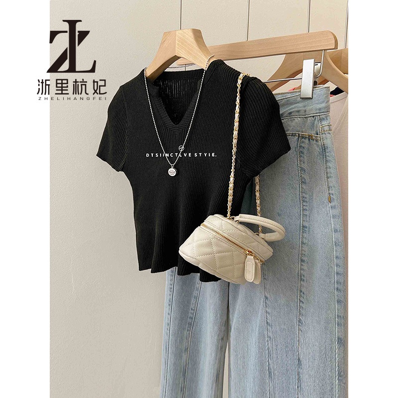 ZHELIHANGFEI คอวีริบบิ้นถักผู้หญิงด้านหน้าไหล่แขนสั้นเสื้อยืดสั้น ซอก ออกแบบ สูงสุด - รูปที่ 5