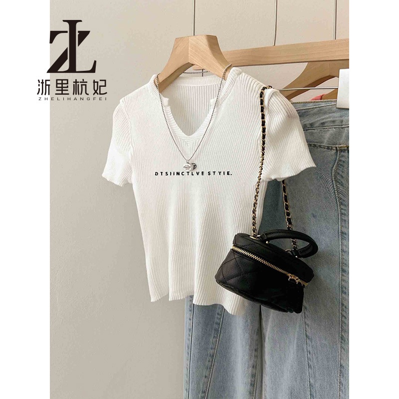 ZHELIHANGFEI คอวีริบบิ้นถักผู้หญิงด้านหน้าไหล่แขนสั้นเสื้อยืดสั้น ซอก ออกแบบ สูงสุด - รูปที่ 4