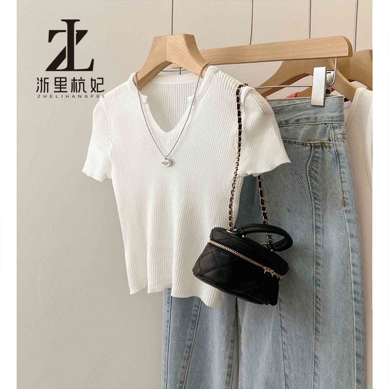 ZHELIHANGFEI คอวีริบบิ้นถักผู้หญิงด้านหน้าไหล่แขนสั้นเสื้อยืดสั้น ซอก ออกแบบ สูงสุด - รูปที่ 7