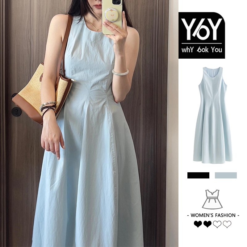 Y6y French Temperament เสื้อกั๊กแขนกุด Blue Sling Ladies Dress C6L43360 (สีขาว/น้ําเงิน)