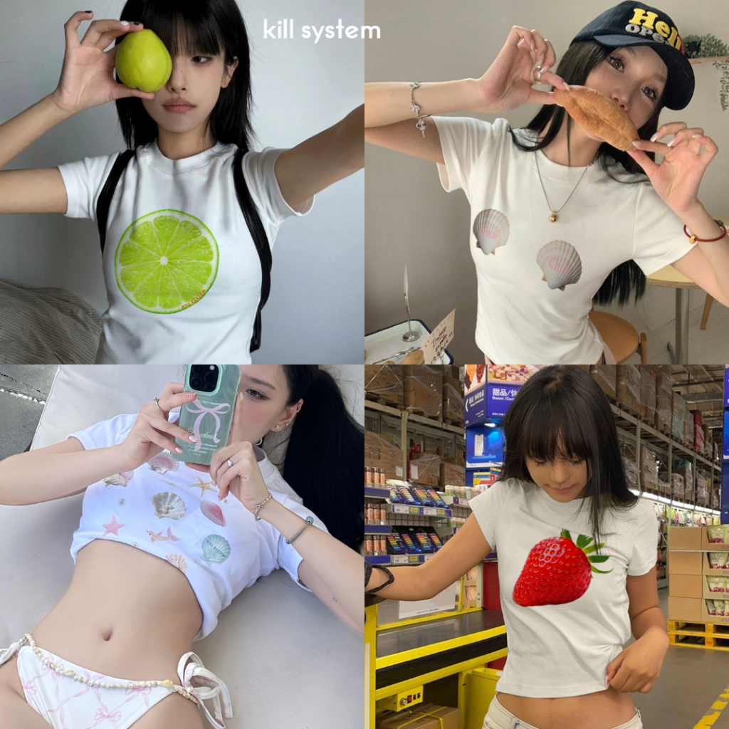 ฤดูร้อนที่รักเสื้อยืดเข้ารูป เสื้อครอปสตรีสไตล์เกาหลีทําจากยางยืดยืดเย็น เสื้อยืดคอกลมแขนสั้นผู้หญิง สตรีทแวร์ เทรนด์ร้อน2024