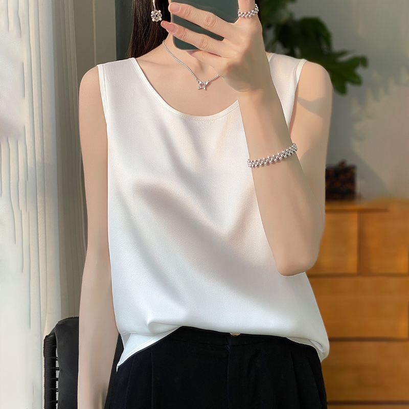 เสื้อชั้นในสตรี ชุดด้านในของผู้หญิง จุดต่ําสุด ผ้าไหมฤดูร้อนรอบคอ อะซิเตท ซาตินแขนกุดเสื้อกั๊กด้านนอกเสื้อยืดด้านบน