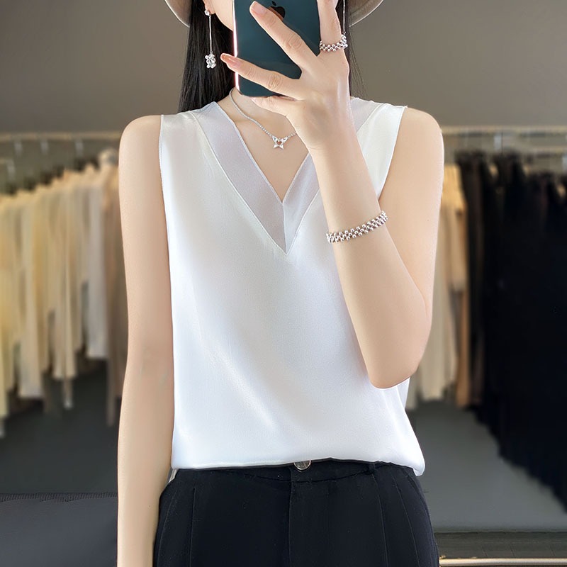 ผ้าไหมคุณภาพสูง เสื้อชั้นในสตรี ผู้หญิง โวลต์ คอด้านนอกสวมใส่ชุดด้านใน อะซิเตท ซาตินหม่อนไหมแขนกุด จุดต่ําสุด สูงสุด