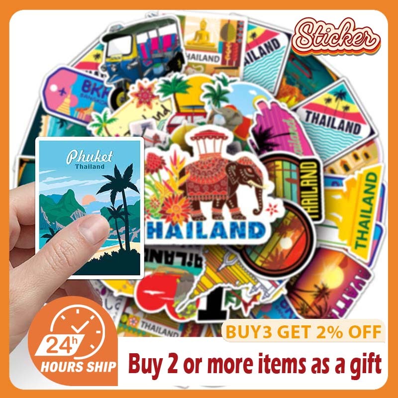 สติ๊กเกอร์ประเทศไทย 50 ชิ้น Bangkok ภูเก็ต Travel Commemorative Scenery Decals DIY สติ๊กเกอร์การ์ตูนแล็ปท็อป