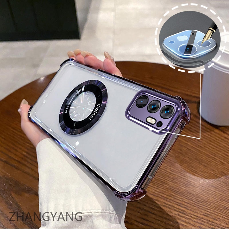 พร้อมฟิล์มเลนส์case สําหรับ OPPO Reno 6 5G Electroplated ซิลิโคนสี่มุม anti drop เคสโทรศัพท์พร้อมแหวนดูดแม่เหล็ก TPU soft case