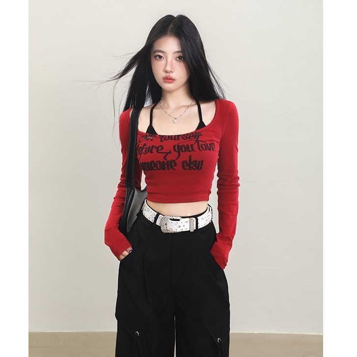 เสื้อยืดสลิงแขนยาวพิมพ์ลายตัวอักษรสองชิ้นสไตล์สาวร้อนอเมริกัน