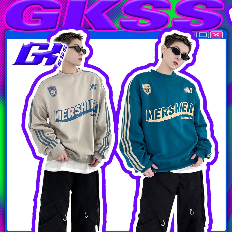 GKSSS เสื้อยืดแขนยาวผู้ชายนางแบบคู่รักเทรนด์อเมริกันด้านบนหลวม