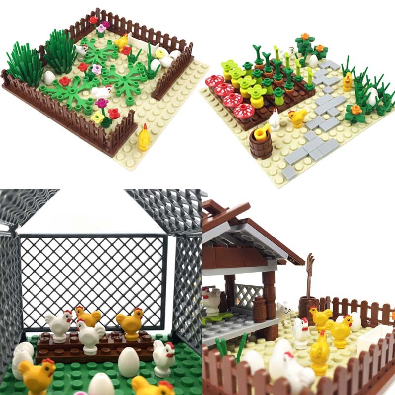 City Farm View MOC Building Blocks สัตว์ Chick House สุนัขดอกไม้ไข่ไก่ Baseplate DIY Henhouse พืชอิฐของเล่นเด็กของขวัญ