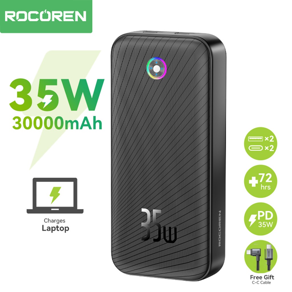 (ฟรีสาย) Rocoren ของแท้ Power Bank 30000mAh PD 35W ความจุขนาดใหญ่ชาร์จเร็วสำหรับ iPhone Huawei Samsung S24 MacBook Air