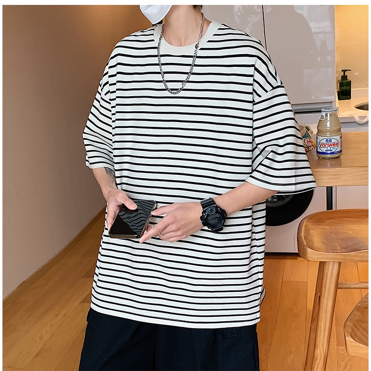 Becoolman-ฤดูร้อน ลายทางสีดำและสีขาว คอเสื้อเล็ก เสื้อยืด ชาย สไตล์อเมริกัน แนววินเทจ แขนสั้น