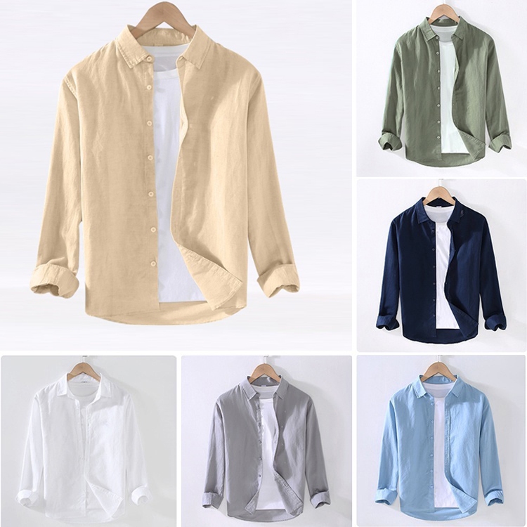Casual ผ้าลินินผ้าฝ้ายแขนยาวเสื้อผู้ชายฤดูร้อนใหม่ Basic ปกเสื้อเชิ้ตสีขาวผู้ชาย Baju Kemeja Lelaki Lengan Panjang