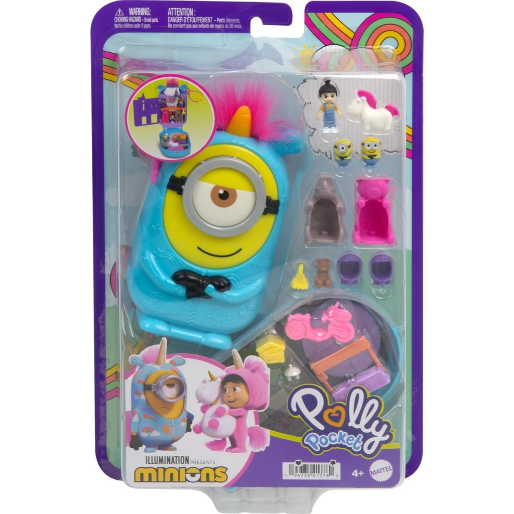 Polly Pocket Playset, 1 Doll,2 Minions and Fluffy The Unicorn Toy, Minions Compact with 9 Accessorie