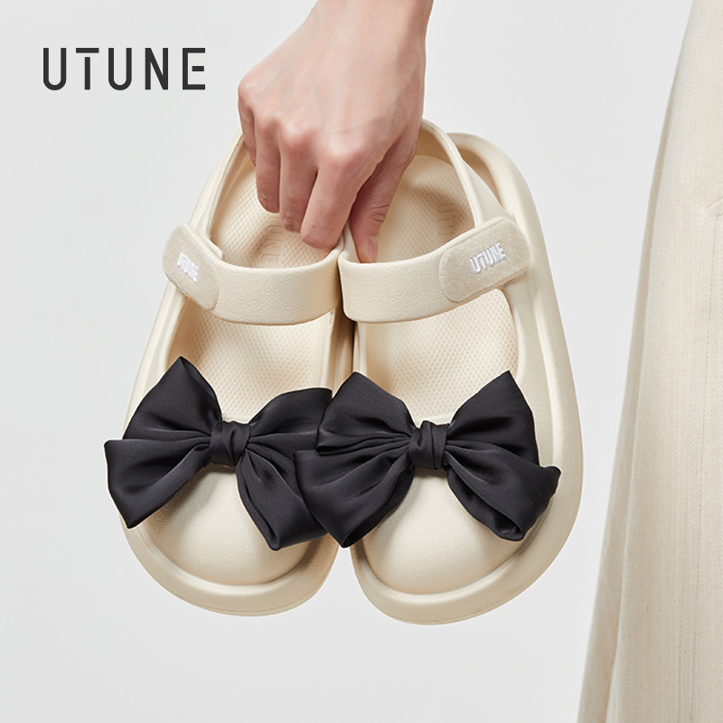 UTUNE ผู้หญิง Mary Jane รองเท้าแตะโบว์สีดําที่ถอดออกได้รอบ Toe หนาด้านล่าง EVA รองเท้าแตะนุ่ม DIY รองเท้าตกแต่งน่ารักรองเท้าชายหาด