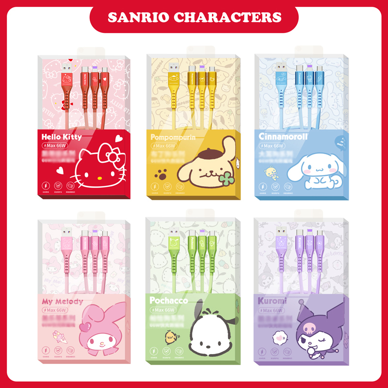 SANRIO ซานริโอ SJ-705 สายชาร์จข้อมูลแบบรวดเร็วเป็นพิเศษ สามในหนึ่งเดียว ใช้งานง่าย