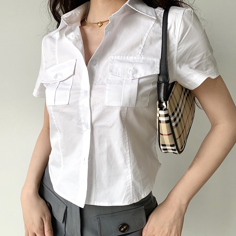 เสื้อเชิ้ตผู้หญิงแขนสั้นธรรมดาย้อนยุคบางฟาร์บิกทํางานเสื้อผ้าธุรกิจการออกแบบกระเป๋าคู่