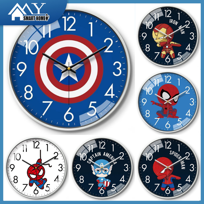 The Avengers Wall Clock Marvel Quartz Clock นาฬิกาห้องนอนเด็ก 35/30/25/20 ซม.ห้องนั่งเล่นแขวนนาฬิกาการ์ตูน Mute นาฬิกาญี่ปุ่นรอบนาฬิกาเด็กตกแต่งห้องนอน