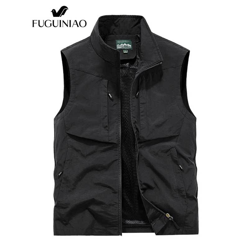 ฟูเกียว เสื้อกั๊กผู้ชายกลางแจ้งสบายๆฤดูใบไม้ผลิและฤดูใบไม้ร่วงบางวัยกลางคนสีทึบ ชุดทํางาน แจ็คเก็ต