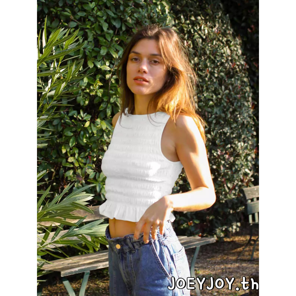 Joeyjoy-เสื้อกล้ามสีทึบผู้หญิงแขนกุดคอกลมนัวเนียชายเสื้อสม็อคเสื้อกั๊กstreetwear