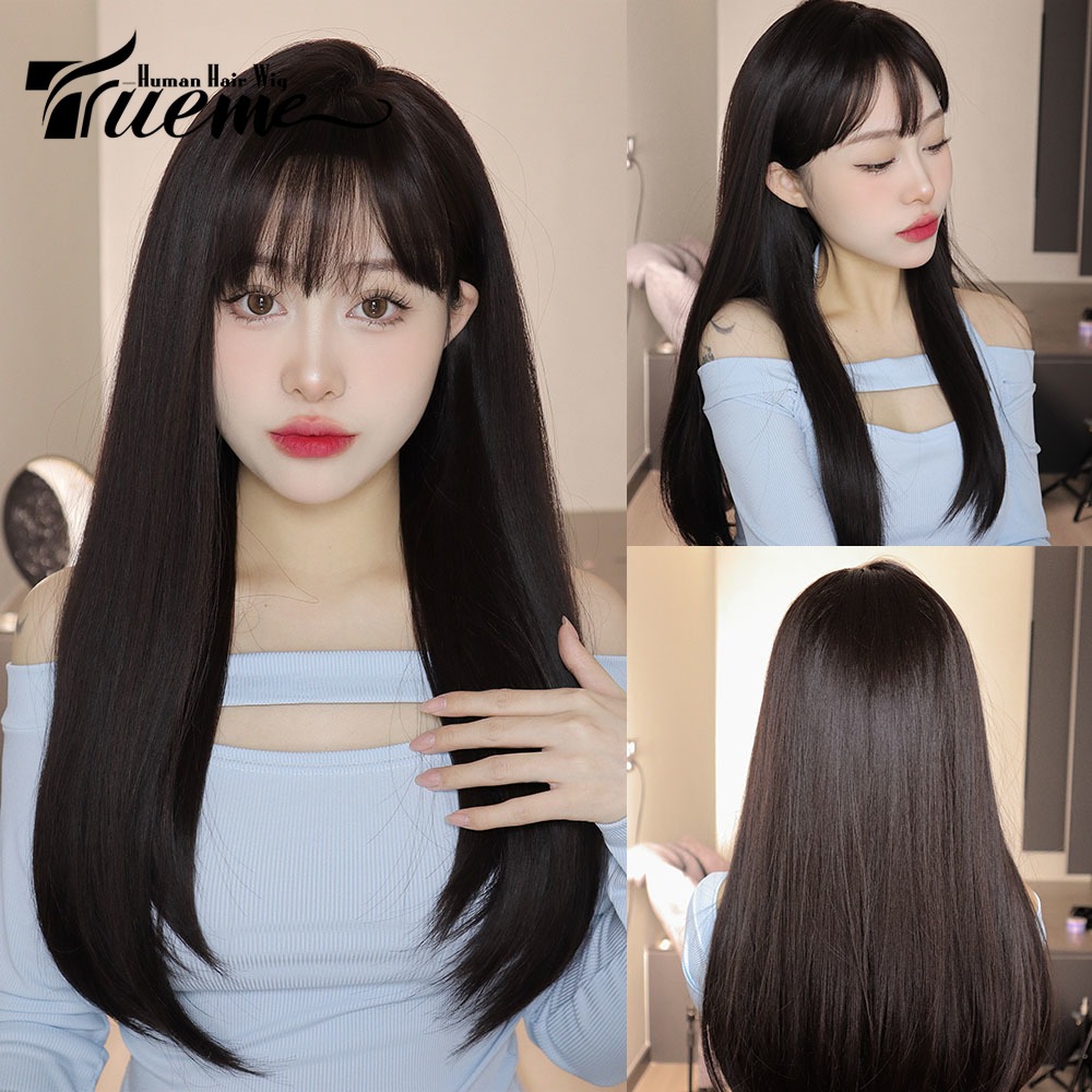 Trueme สีดํา วิกผมตรงมนุษย์ พร้อมหน้าม้าธรรมชาติ 100% 28 นิ้ว ราคาถูก คุณภาพสูง มีกิ๊บติดผม