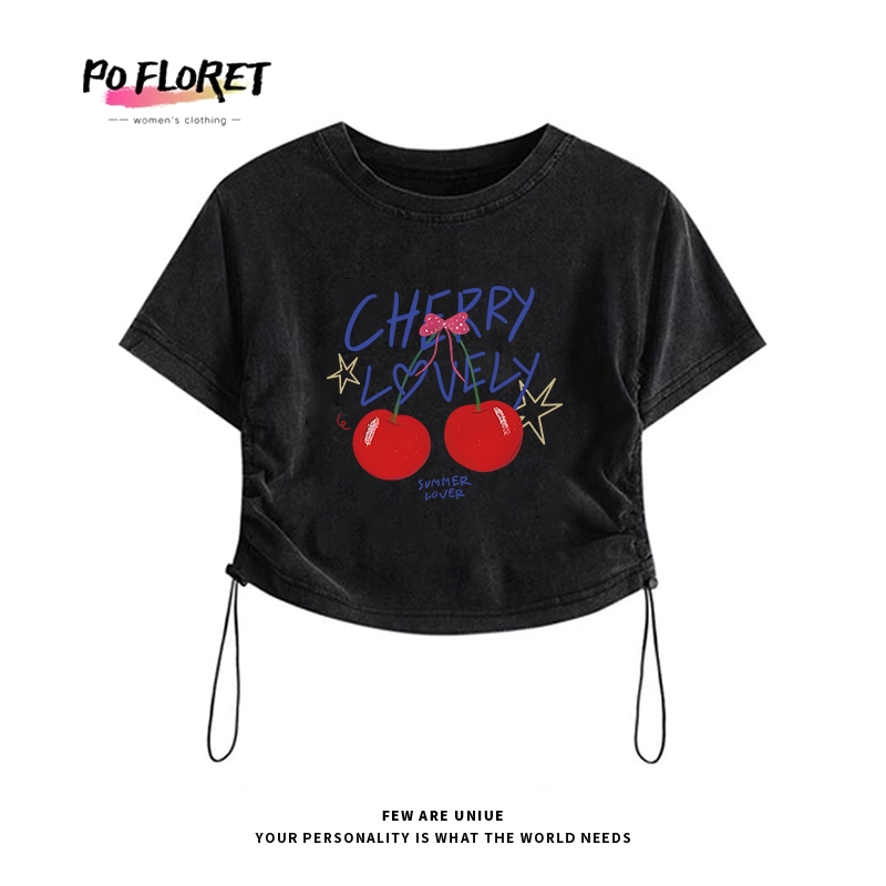 เสื้อครอป baby tee Pofloret ผ้าฟอกวินเทจ รวมลายยอดฮิต มีเชือกรูดที่ด้านข้างปรับได้ #T2018