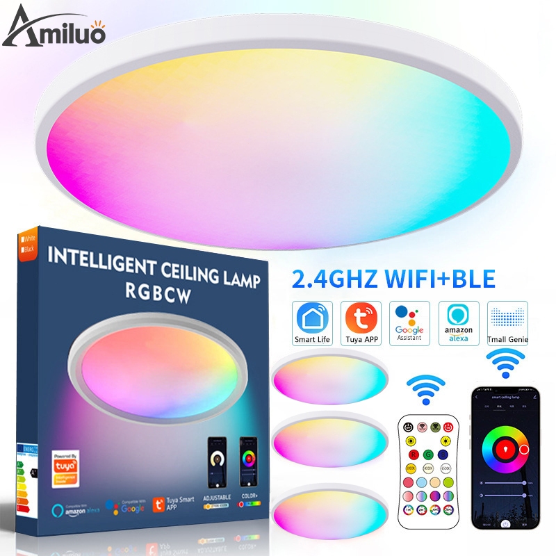 Amiluo 30CMไฟเพดาน 24W ไฟวงกลม สมาร์ท WIFI RGBCW หรี่แสงได้ แอป Tuya เข้ากันได้กับ Alexa Google โคมไฟกันน้ํา โคมไฟติดเพดาน ledไฟติดเพดานห้อง ติดตั้งบนพื้นผิว