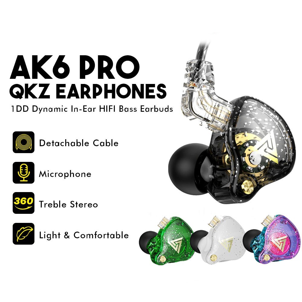 Qkz AK6 PRO หูฟังชนิดใส่ในหูกีฬาสเตอริโอพร้อมไมโครโฟนตัดเสียงรบกวนหูฟังสําหรับวิ่งที่ถอดออกได้