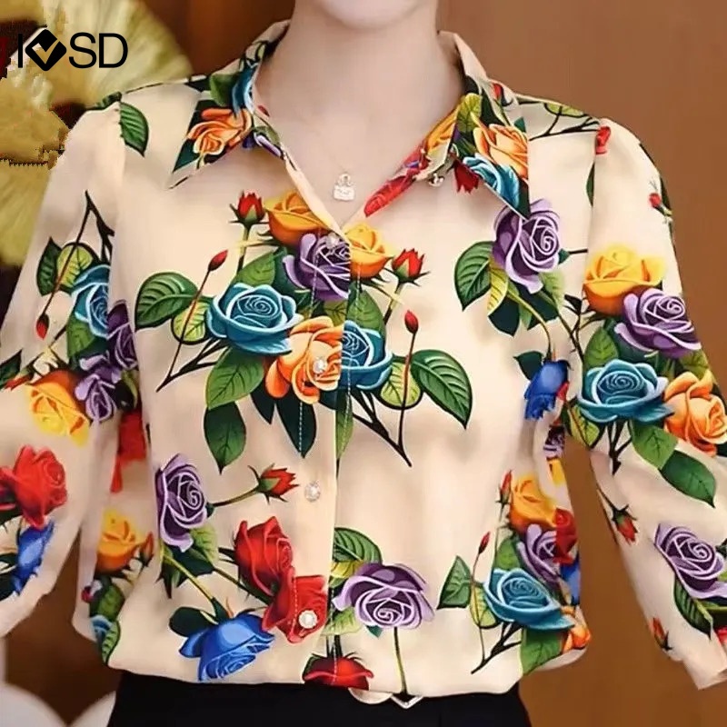 Ivsd เสื้อเชิ้ตไซส์ใหญ่พิมพ์ลายดอกไม้สําหรับผู้หญิง 3/4 แขนแฟชั่นเสื้อเบลาส์หรูหราสําหรับผู้หญิง