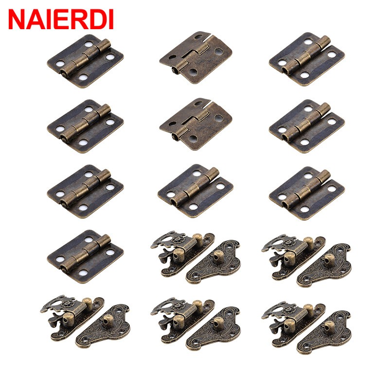 Naierdi 5 ชิ้นโบราณ Bronze เครื่องประดับกล่องไม้กรณี Hasp Latch + 10 ชิ้นบานพับตู้ประตูเหล็กบานพับ Vintage ฮาร์ดแวร์เฟอร์นิเจอร์