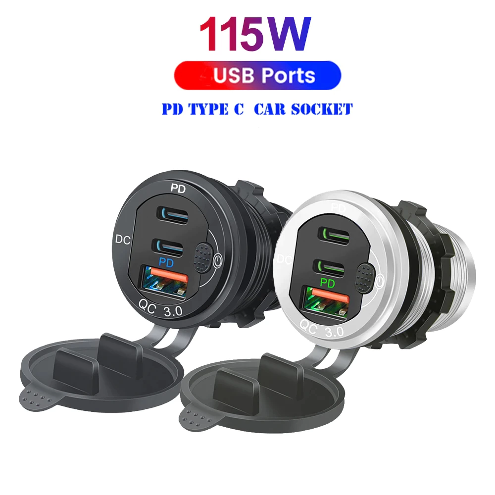 เครื่องชาร์จเร็วอลูมิเนียมพร้อมปุ่มสวิตช์ พอร์ต USB 3 พอร์ต qc3.0 dual pd type C รถยนต์ เรือ รถจักรยานยนต์ 12v 24v