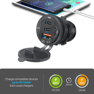 เครื่องชาร์จเร็วอลูมิเนียมพร้อมปุ่มสวิตช์ พอร์ต USB 3 พอร์ต qc3.0 dual pd type C รถยนต์ เรือ รถจักรยานยนต์ 12v 24v