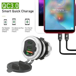 เครื่องชาร์จเร็วอลูมิเนียมพร้อมปุ่มสวิตช์ พอร์ต USB 3 พอร์ต qc3.0 dual pd type C รถยนต์ เรือ รถจักรยานยนต์ 12v 24v