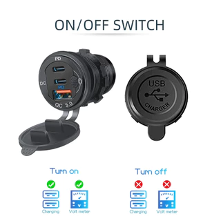 เครื่องชาร์จเร็วอลูมิเนียมพร้อมปุ่มสวิตช์ พอร์ต USB 3 พอร์ต qc3.0 dual pd type C รถยนต์ เรือ รถจักรยานยนต์ 12v 24v