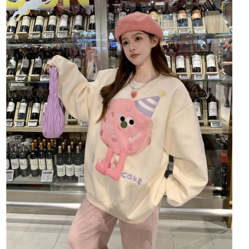 เสื้อสเวตเตอร์คอกลมแขนยาวปักลายการ์ตูนสไตล์หวานสไตล์เกาหลี ขนาดใหญ่เกินไป สูงสุด