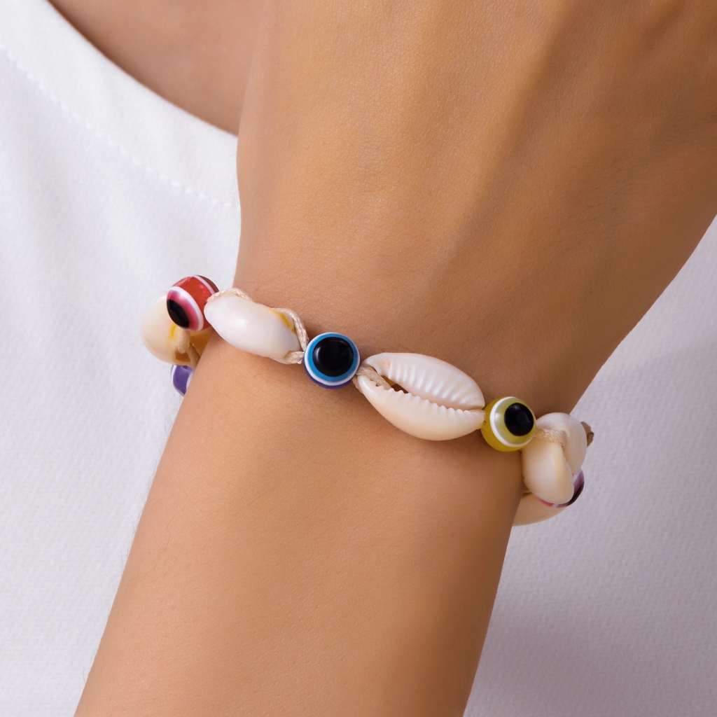 Jushi Seashell Colourful Evil Eye Handmade สร้อยข้อมือของขวัญผู้หญิงชายหาดเครื่องประดับอุปกรณ์เสริม