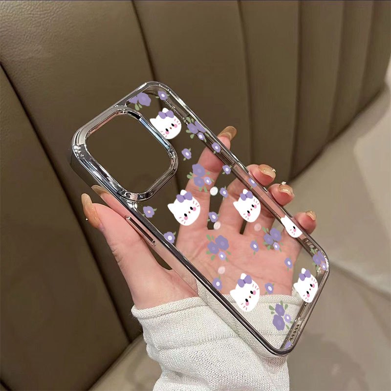 สําหรับเคสโทรศัพท์ iPhone IP7 8 X XSMAX 11 PRO MAX IP12 IP13 IP14plus IP15 IP15PRO MAX Electroplated bezel Premium All-match สีม่วงแมวน่ารักเคสโทรศัพท์ทนทานและกันกระแทก