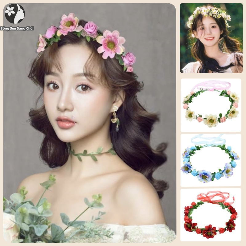 ที่คาดผมสตรีพวงมาลัยมงกุฎดอกไม้ดอกกุหลาบสไตล์ Boho ปรับริบบิ้นโรแมนติก