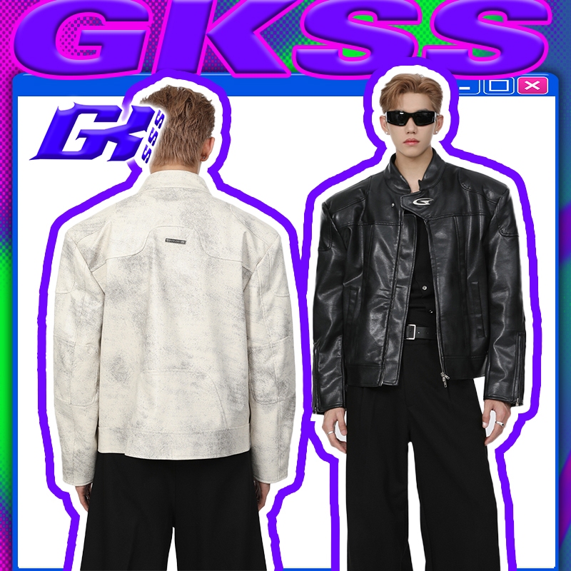 GKSSS แจ็กเก็ตหนังผู้ชายPUเทรนด์รถจักรยานยนต์สไตล์ไซเบอร์พังค์เสื้อแจ็กเกต