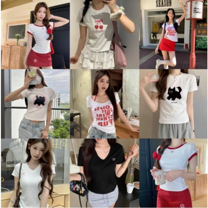 Suitcute เสื้อยืดแขนสั้นสไตล์เกาหลีเหมาะสําหรับผู้หญิงดูคอกลมฤดูร้อนบาง
