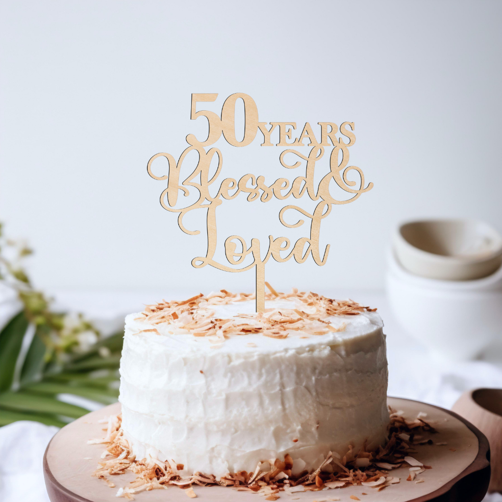 50 60 70 80 90 100 ปี Blessed & Loved ไม้เค้ก Topper 50th 60th 70th 80th 90th 100th Birhtday เค้ก To