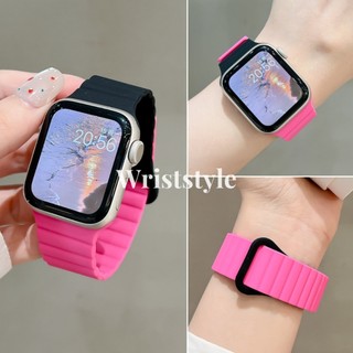 สายซิลิโคนแม่เหล็กสองสีใหม่สำหรับ Apple Watch S9/8/7/6/5/4/3/2/1 SE2 ULTRA เปลี่ยนกำไลข้อมือสำหรับ iWatch 49MM 45MM 44 42 41 40 38