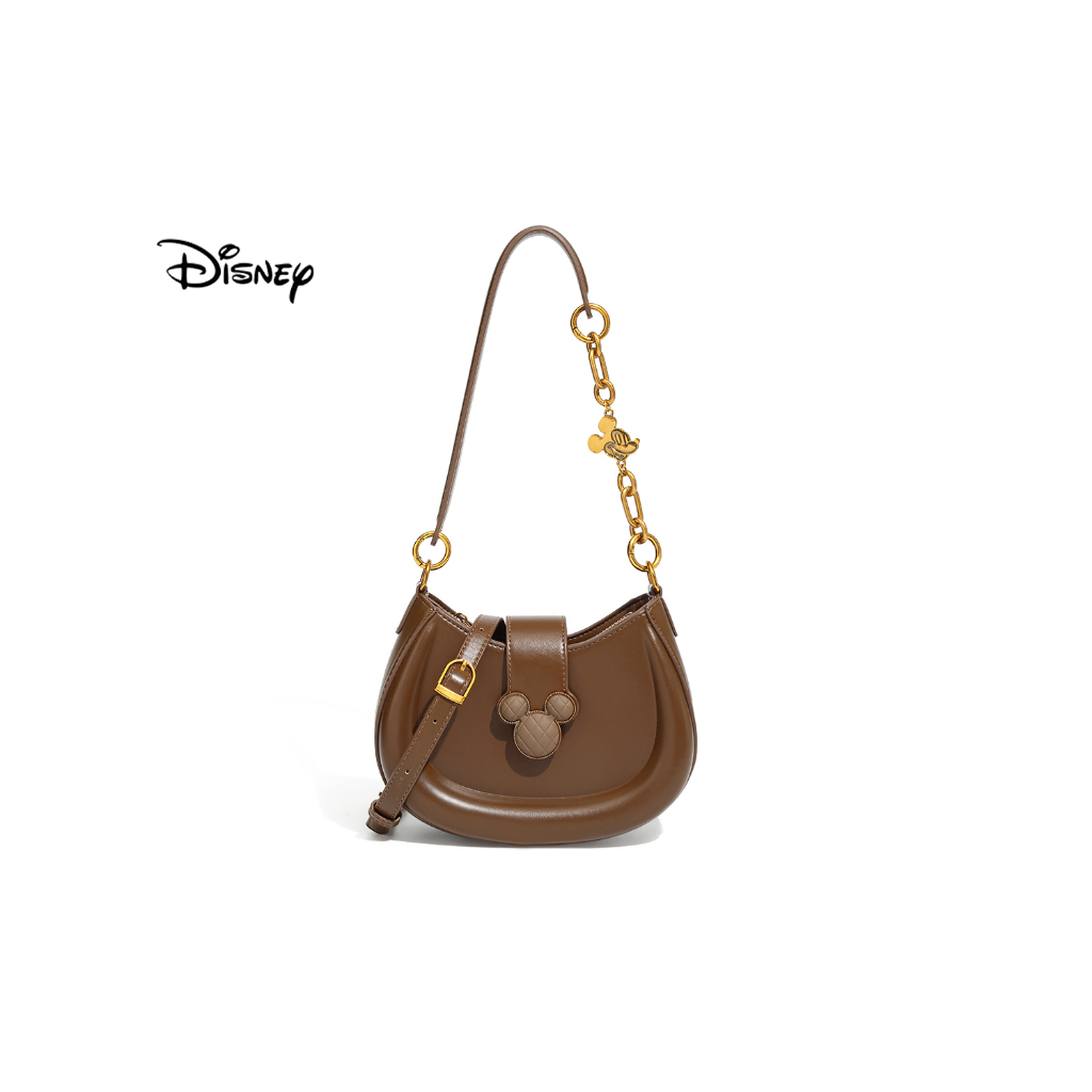 Disney Disney ของแท้อย่างเป็นทางการ Mickey Series สีน้ําตาล All-Match Messenger กระเป๋าสไตล์ย้อนยุค Niche Half Moon กระเป๋าอินเทรนด์หรูหรากระเป๋าสะพายเหมาะสําหรับ Bus