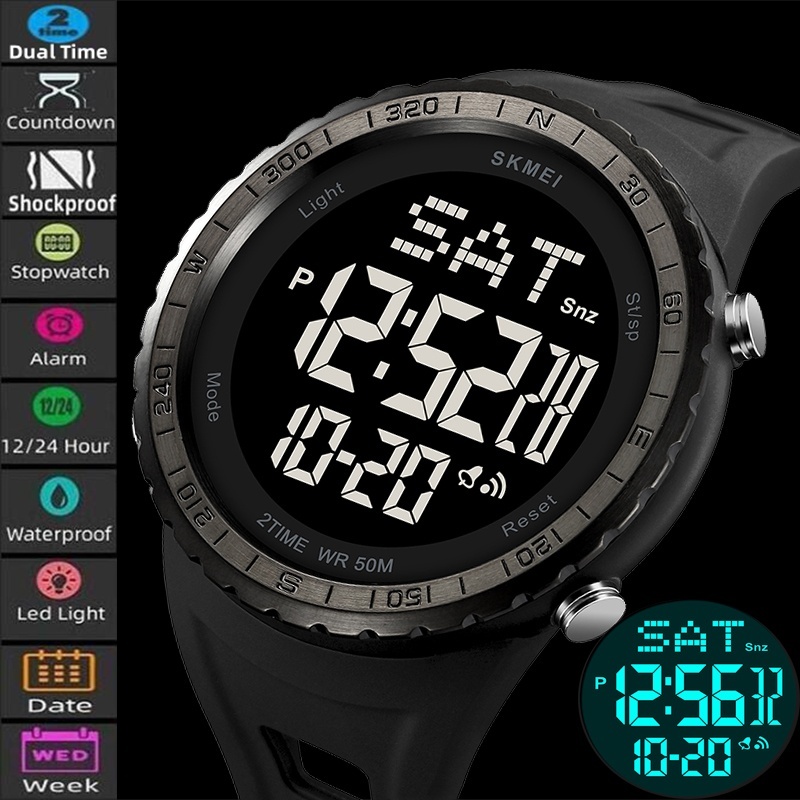 Skmei Mens Digital Sports Watches Fashion TPU Strap 5bar กันน้ํากันกระแทก Dual Time Led Chronograph นาฬิกาปลุกชาย
