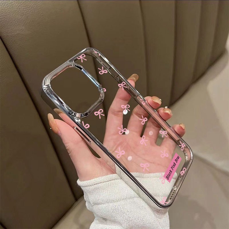 สําหรับเคสโทรศัพท์ iPhone IP7 8 X XSMAX 11 PRO MAX IP12 IP13 IP14plus IP15 IP15PRO MAX Electroplated bezel Premium All-fit เคสโทรศัพท์โบว์สีชมพูทนทานและกันกระแทก